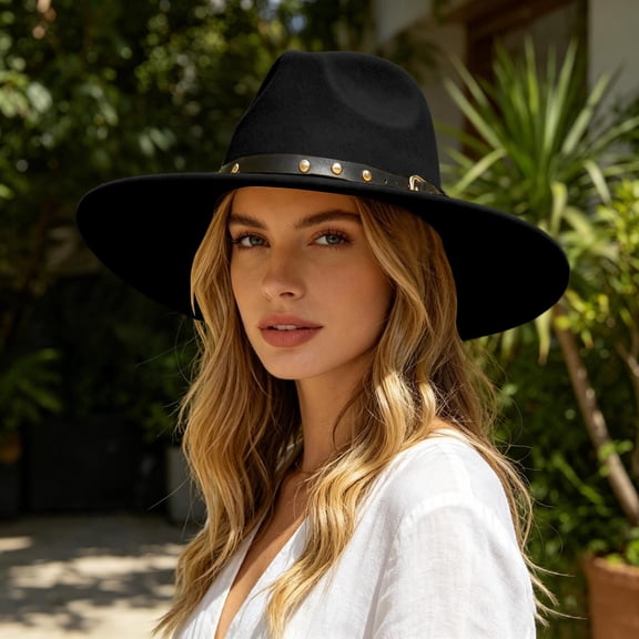 Timeless Fedora Hat For Everyday Leisure – Wide Brim Jazz Style With Ethnic Design Flat Unisex Fashion Headwear Cowboy Hat, Black