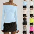 thumbnail image 6 of Spring Long Sleeve Off Shoulder Tops for Women Slim Fit Tunic Shirts Stretchy Pullover Tshirt Solid Trendy Y2k Going Out Tops Sky Blue,M, 6 of 6