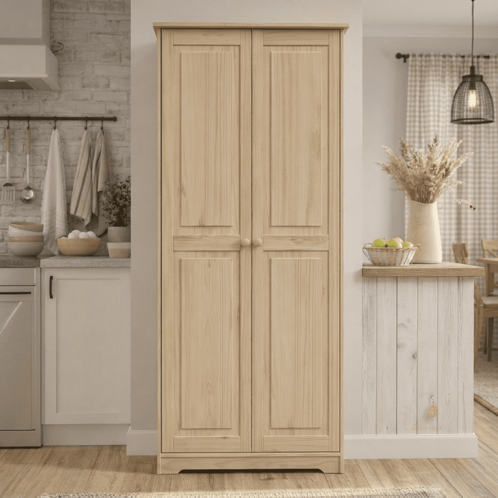 From the Tree Furniture Pantry Cabinet with Adjustable Shelves, Solid Pine Wood, Unfinished, 2 Doors