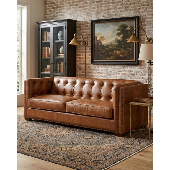 Crafters and Weavers Tuxedo Contemporary Italian Leather Sofa in Light Brown