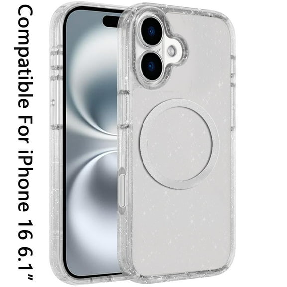 For Apple iPhone 16 (6.1") Transparent Glitter Bling Sparkly Shiny Case Hybrid Magnetic Circle Compatible with MagSafe Shockproof Cover ,Xpm Phone Case [ Clear Glitter ]