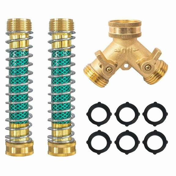 2 Way Hose Splitter, 3/4Inch Brass Hose Y Splitter with 2 PCS Garden Hose Extension Hose Coiled Spring Protectors