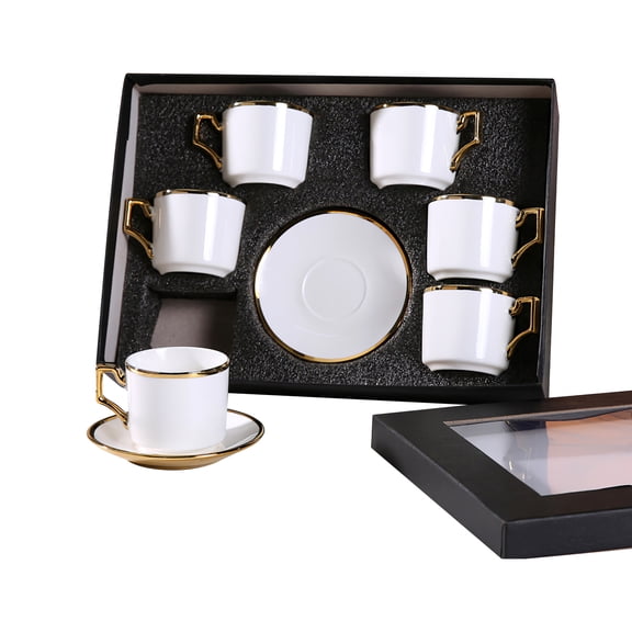 Pour Over Coffee Cup & Saucer Set with Built-in Filter, Gold Trim Design, High-Fire Ceramic Glaze, Comfort Handle for Home & Office Use