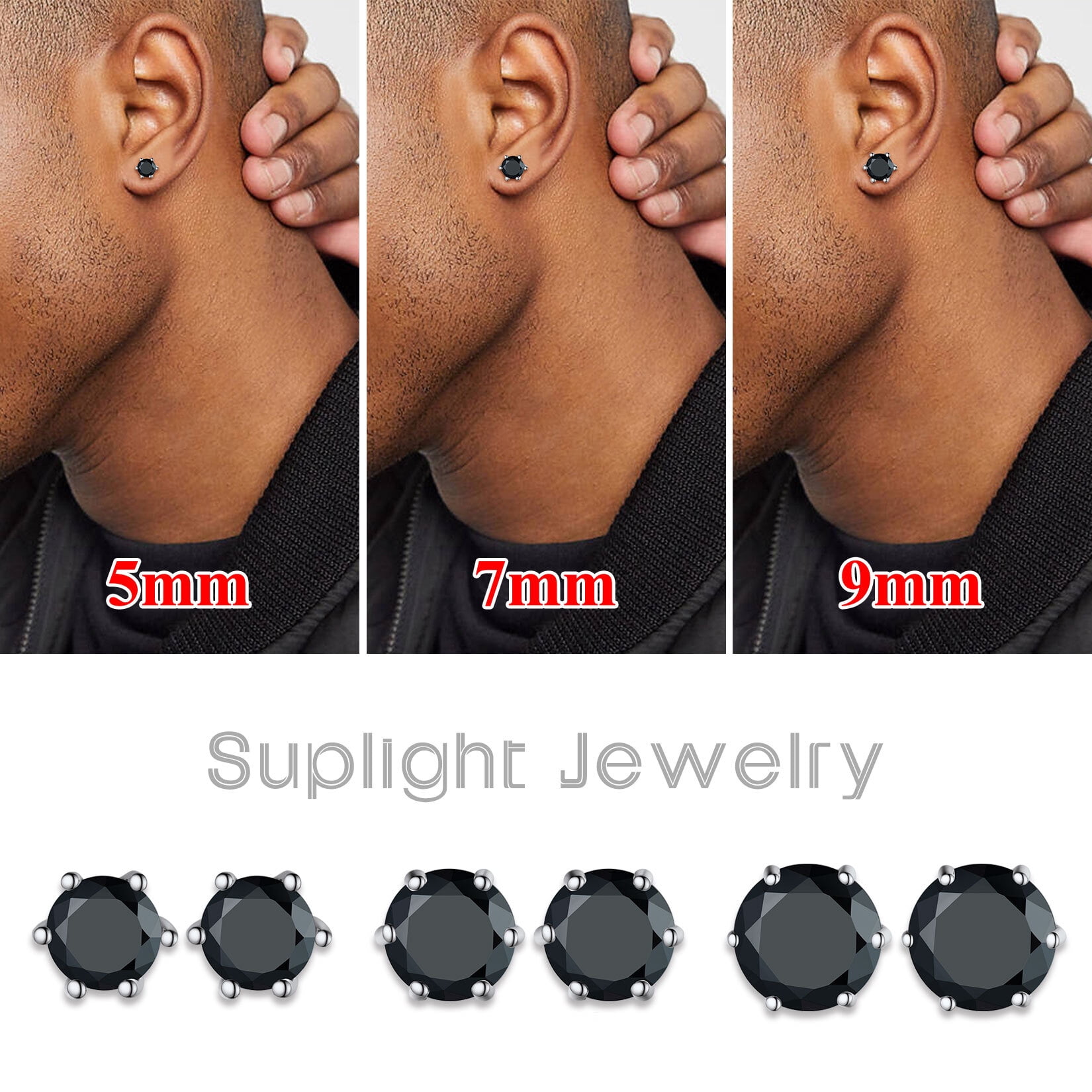 Suplight 925 Stelring Silver Simulated Diamond Black Cubic Zirconia Stud Earrings for Women Men 9mm