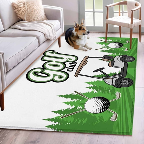 Area Rug 3'x5', Golf Non-slip Runner Rug Carpet for Bedside, Green Forest Tree Balls Clubs Sports Cartoon Washable Outdoor Indoor Area Rugs Mat for Entryway/Living Room/Bedroom/Kitchen/Office