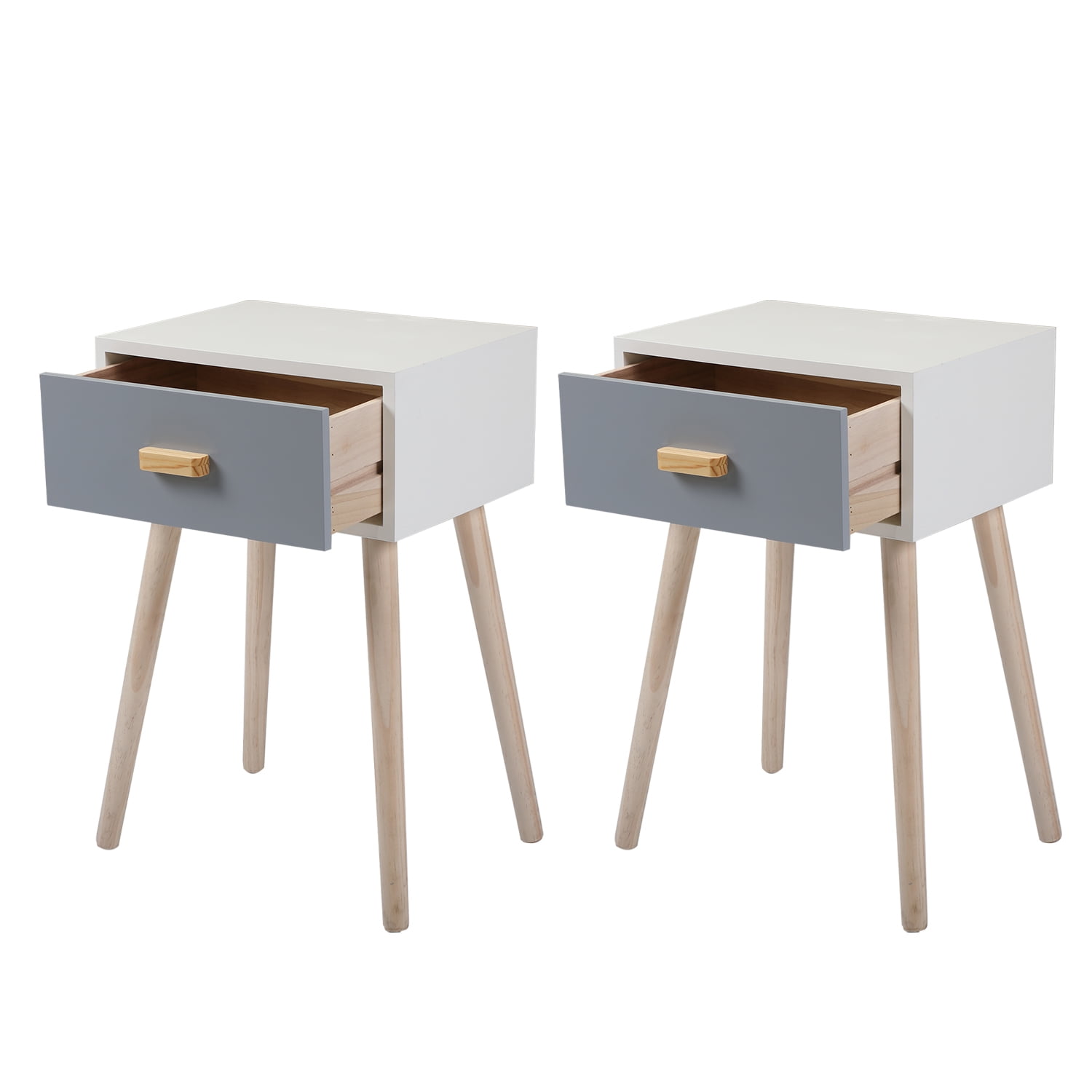 Kepooman Set of 2 Nightstand with Storage Drawer and Solid Wood Legs, White + Navy Kepooman Set of 2 Nightstand with Storage Drawer and Solid Wood Legs, White + Navy