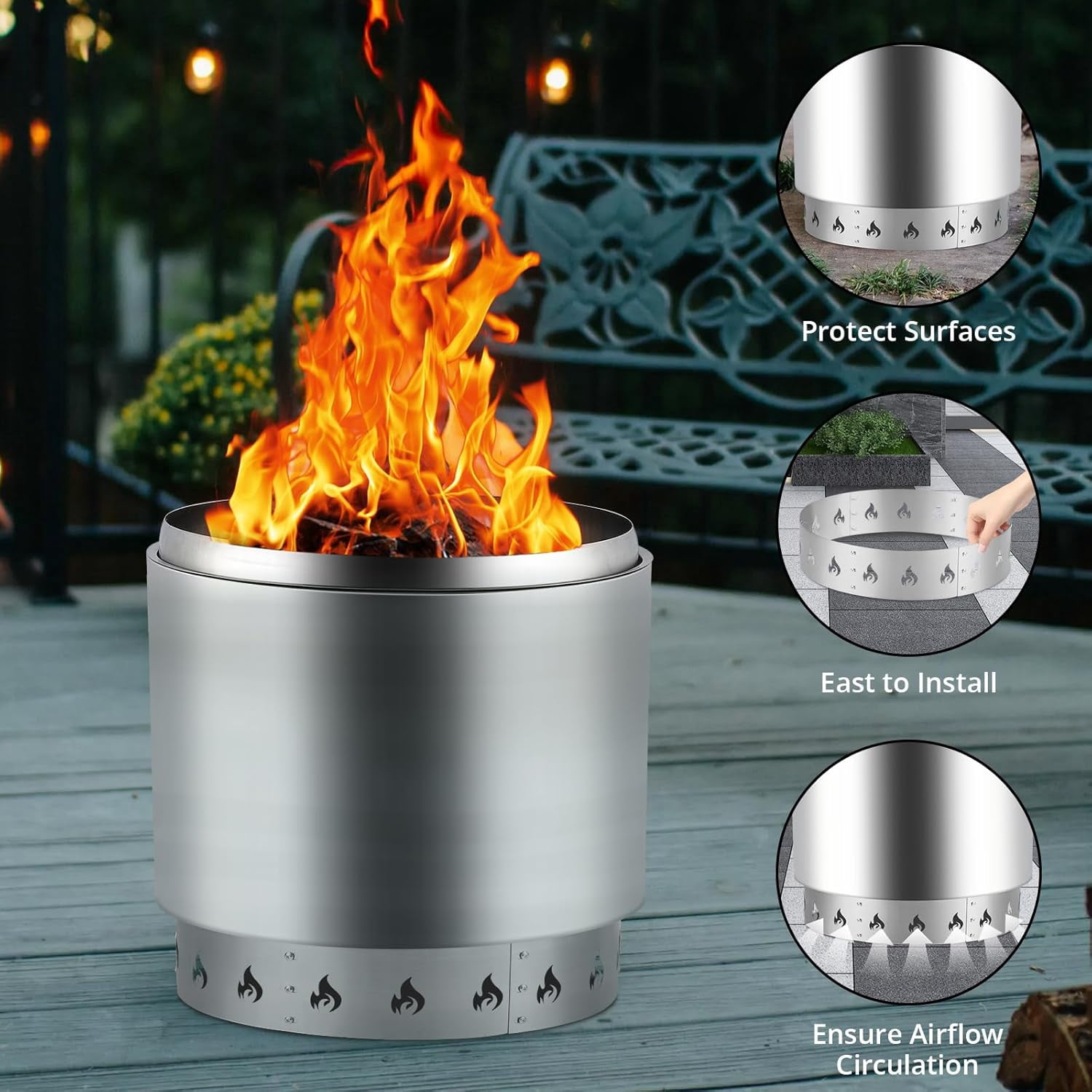Luku 23.3" Round Fire Ring - Heavy-Duty 2.5mm Thick Steel Fire Pit Ring with High-Temperature Paint for Patio and Backyard