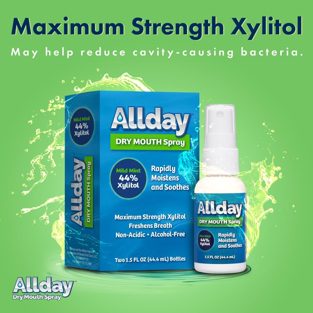 Allday® Dry Mouth Spray - Maximum Strength Xylitol, Fast Acting, Non-Acidic (1.5oz - Pack of 2)
