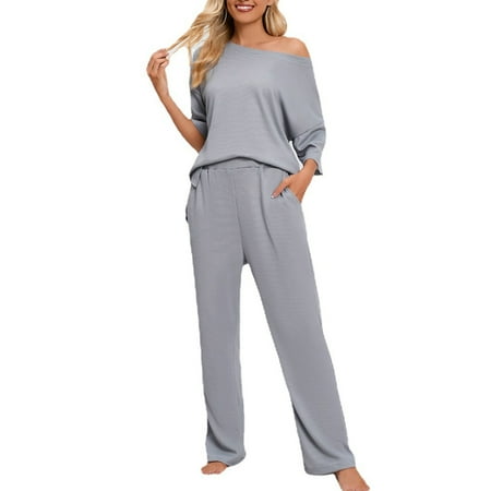 

Pajamas Sets for Women Half Sleeve Crewneck Tops Blouse Straight Leg Long Pants Soft Comfy Lounge PJs Sleepwear Outfits