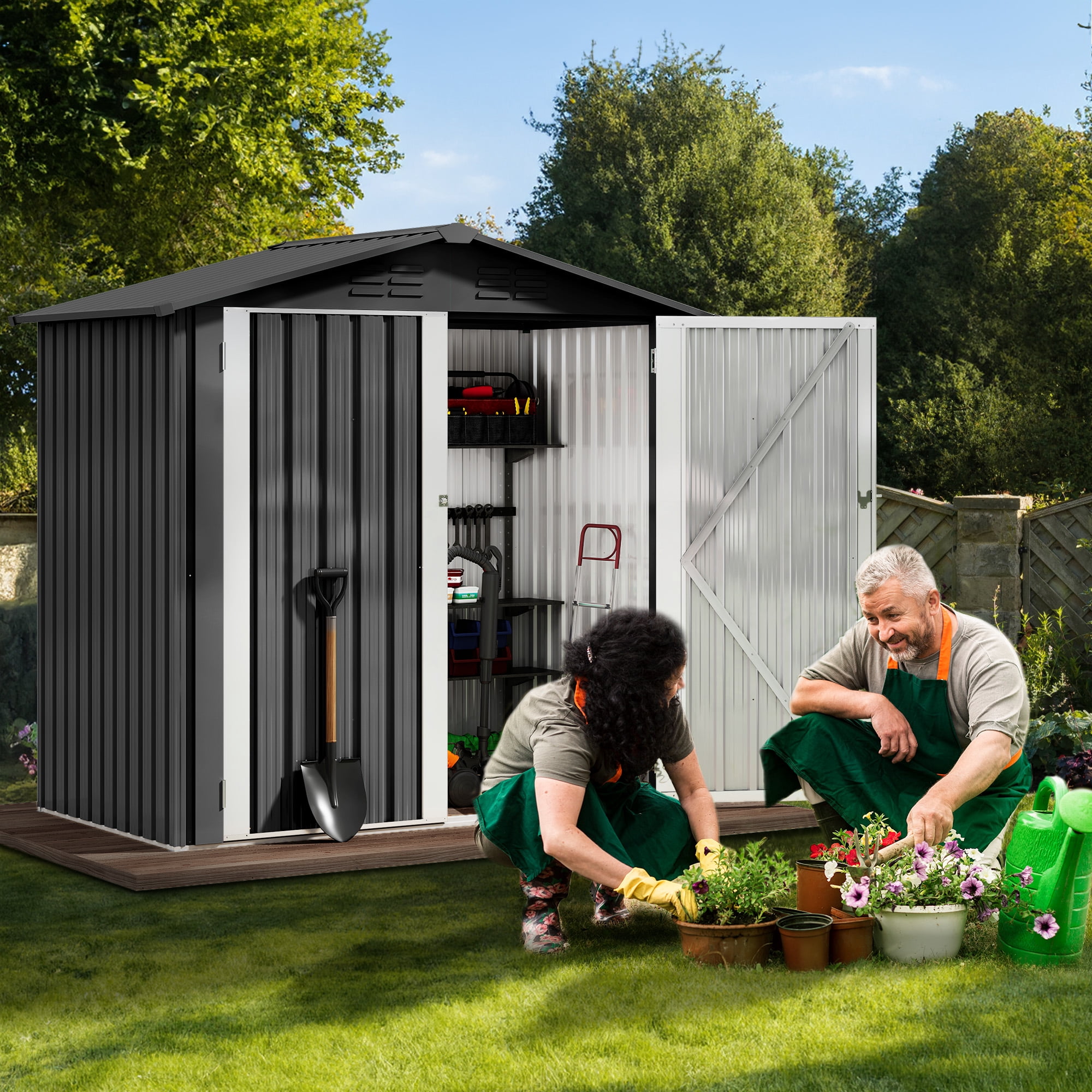 Uforic 6' x 4' Outdoor Metal Storage Shed, Large Tools Storage Shed, Heavy Duty Storage House with Lockable Double Doors & Air Vent for Backyard, Patio, Lawn, Dark Gray