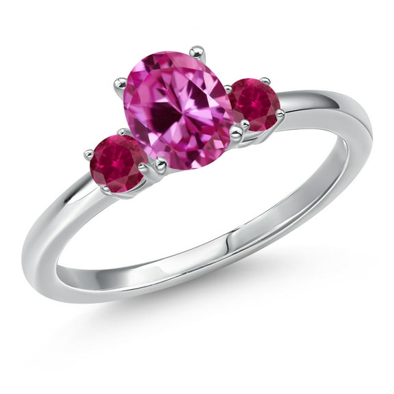 Gem Stone King 14K White Gold Pink Created Sapphire and Red Created Ruby Engagement Ring for Women | 1.18 Cttw | Oval 7X5MM | Gemstone September Birthstone | Size 5