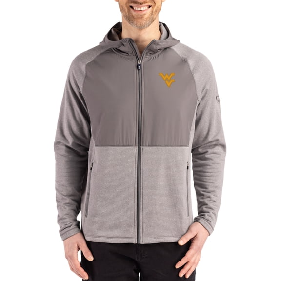 Men's Cutter & Buck Heather Gray West Virginia Mountaineers Peshastin Eco Fleece Recycled Raglan Full-Zip Tri-Blend