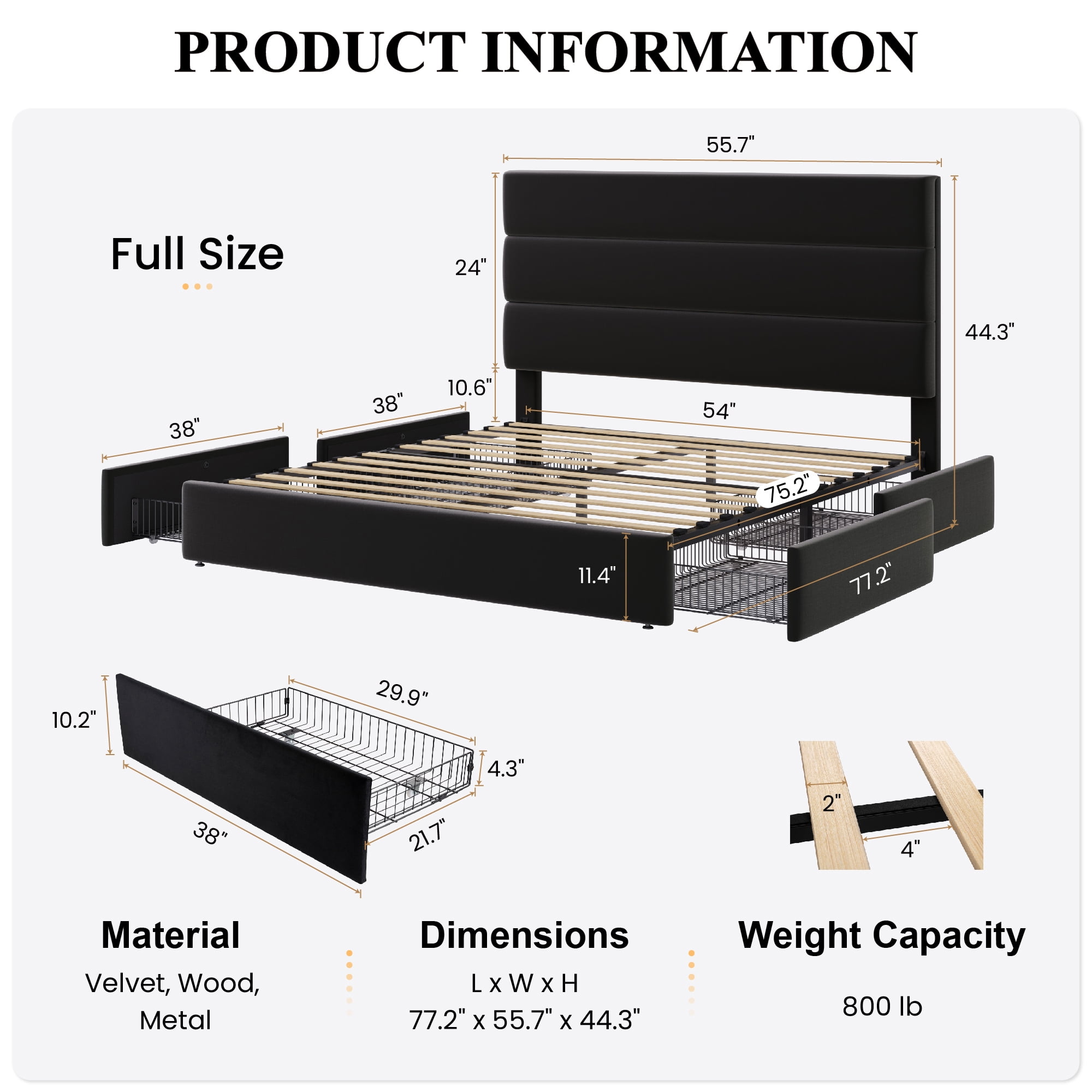 Sha Cerlin Full Size Platform Bed Frame with 4 Storage Drawers, Velvet Upholstered Headboard, Black
