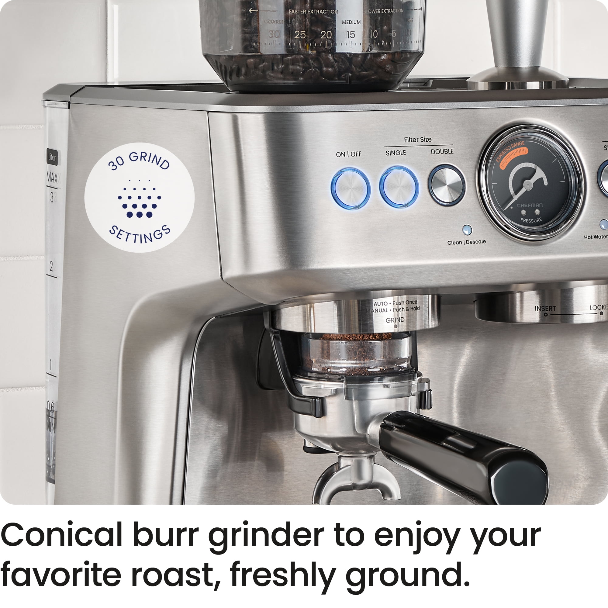 Chefman, Crema Supreme Espresso Machine, Stainless Steel, 15-Bar