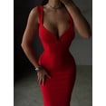 thumbnail image 2 of Red Womens Spaghetti Strap V-Neck Bodycon Midi Dress, Elegant Cocktail Party Gown, 2 of 8