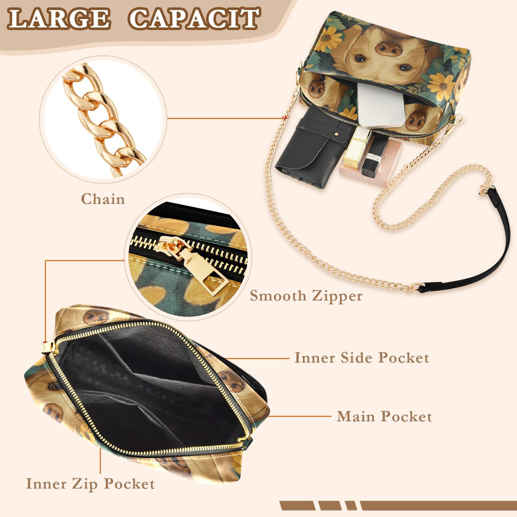 FORMRS Women Crossbody Purse with Chain Strap Vegan Leather Shoulder Handbag, Flowers and Dog