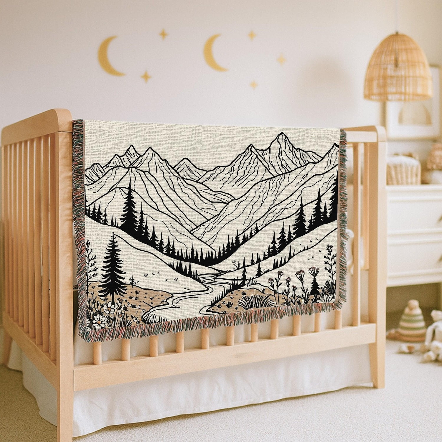 Mountain Line Art Woven Throw Blanket Cotton with Fringed Edges for Couch Decor