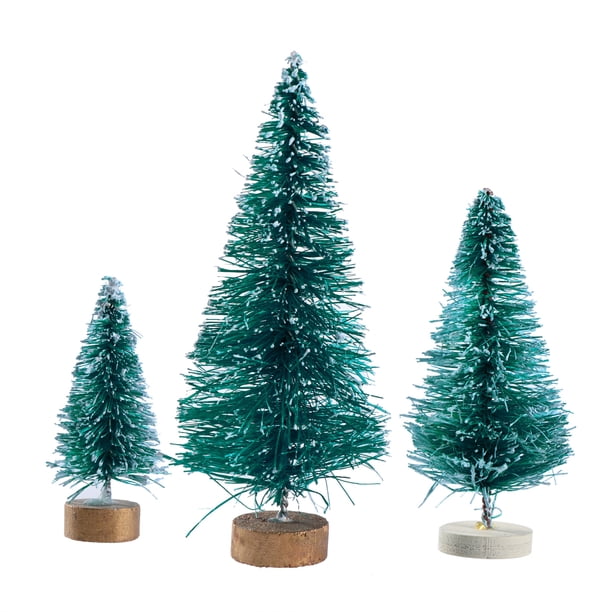 32 árboles de Navidad en miniatura de sisal esmerilado, pinos nevados y árboles de cepillo de botella con bases de madera.