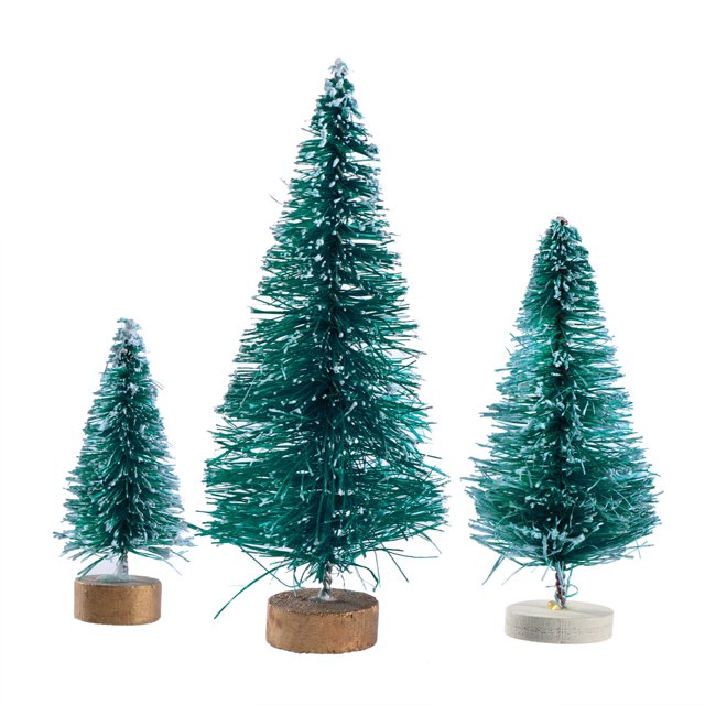 32 árboles de Navidad en miniatura de sisal esmerilado, pinos nevados y árboles de cepillo de botella con bases de madera.