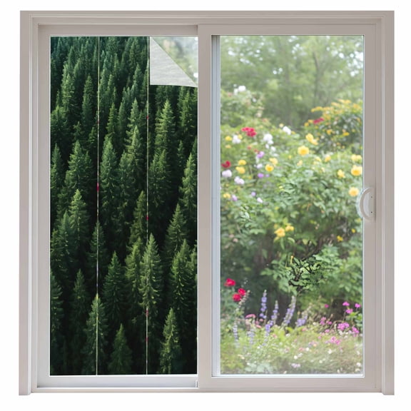 Green Forest Window Privacy Film, Pine Trees Modern Mysterious Art Static Cling UV Sun Blocking Heat Control Window Tint Day and Night, Non-Adhesive One Way Windows Privacy Cover 35.4''x78.7''