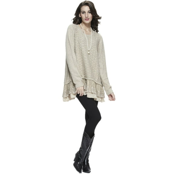 Simply Couture Women's Solid Relaxed Light Lace Ruffle Multilayered Crewneck Bow Knit Sweater Blouse