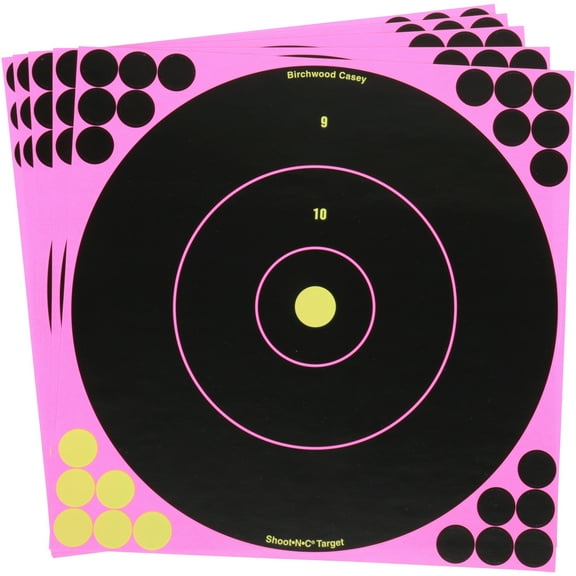 BIRCHWOOD CASEY Shoot-N-C 12" Pink Bull's-Eye Reactive Targets - Highly Visible Instant Feedback Self-Adhesive Shooting Target Stickers with Repair Pasters - 5 Targets, 120 Repair Pasters