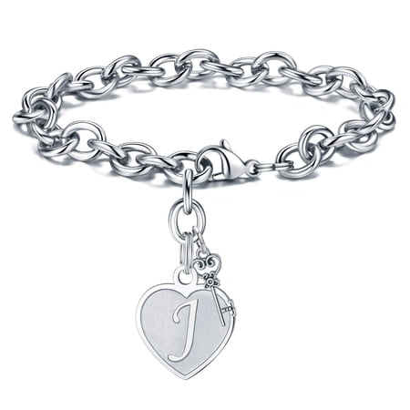Turandoss Heart Initial Bracelets for Girls Gifts Engraved 26 Letters Initial Charms Stainless Steel Adjustable Trendy Jewelry Birthday Gift for Women Teen Girls