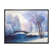 Designart 'Bridge Of Meandering River With Winter Scenery III' Lake House Framed Canvas Wall Art Print