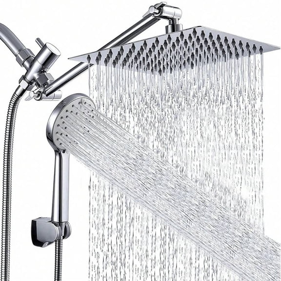 EASHZMFYTBF 8 Inch Square Rain Shower Head Combo with 9” Adjustable Extension Arm, 3-Spray Setting Handheld Shower, 150cm Flexible Hose,Chrome