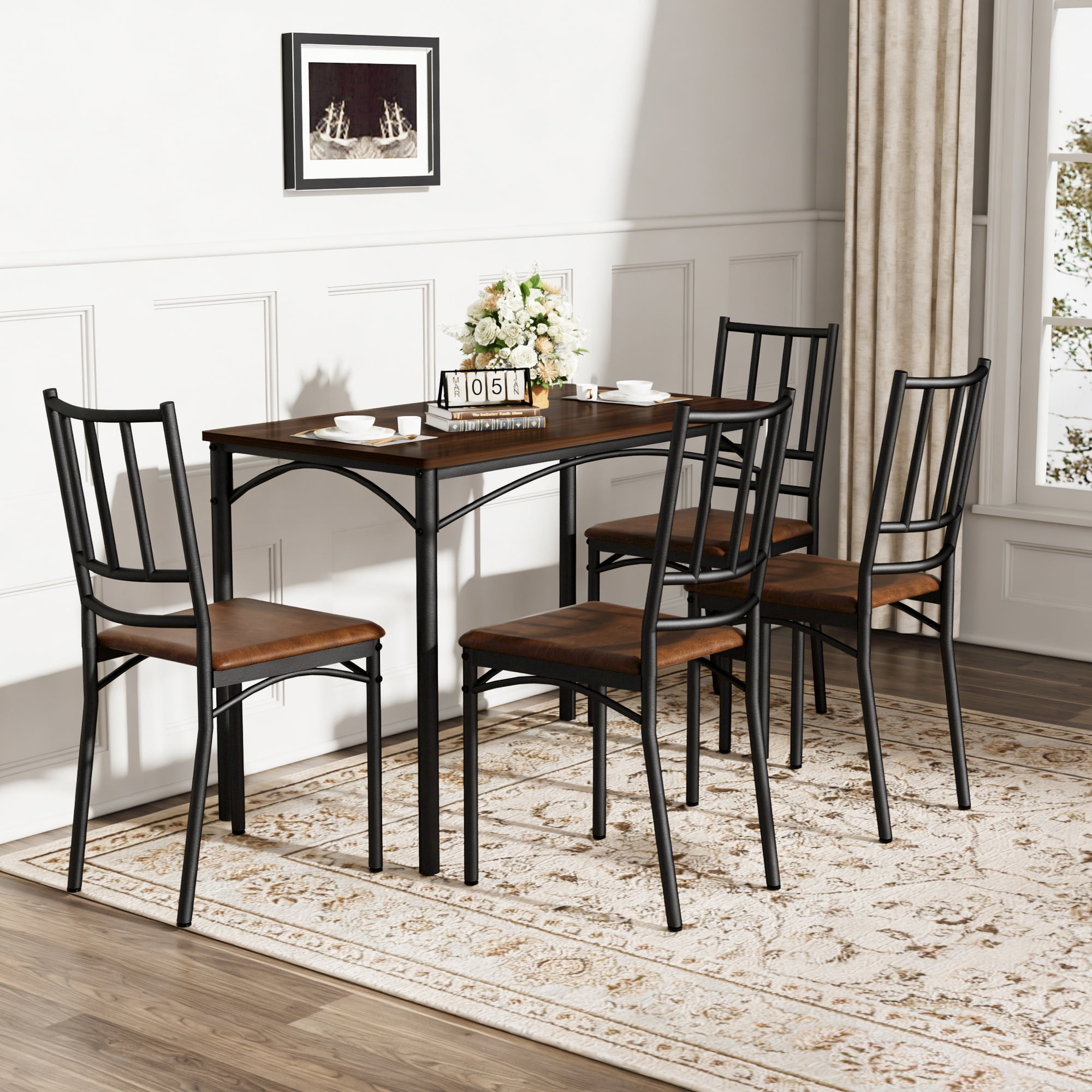 PORKISS 5-Piece Small Space Dining Set, 1 Table and 4 Chairs, Wood and Steel, Dining Table Set for 4 with Comfortable PU Seats, Walnut+Black