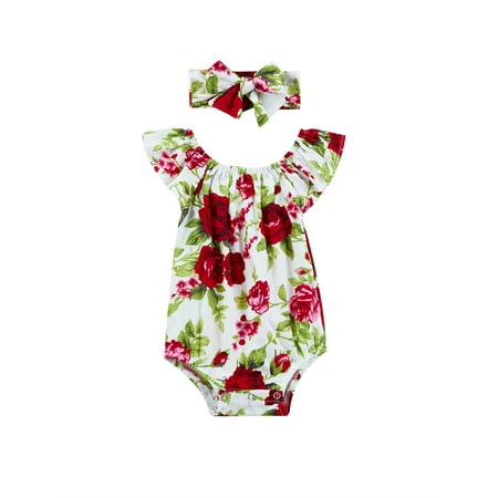 

Sunisery Newborn Baby Girls Flying Sleeve Romper Sleeveless Floral Jumpsuit with Headband 2Pcs Outfits Red 3-6 Months