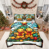 Manfei Merry Christmas Bedding Comforter Set 7-Piece for Kid, Kawaii Gingerbread Man King Bedding Sets, Green Xmas Tree Reversible Bed Sheets, Luxury Bedroom Decor