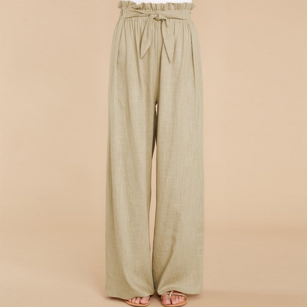 Pantalones Largos De Mujer Pantalones de algodón y lino ajustables con nudo de corbata para vacaciones sueltas (Caqui M) Ygjytge para Mujer Caqui T M