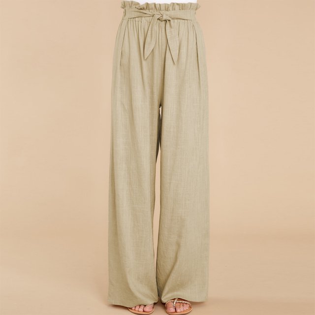 Pantalones Largos De Mujer Pantalones de algodón y lino ajustables con nudo de corbata sueltos para vacaciones (caqui XXL) Ygjytge para Mujer Caqui T XXL