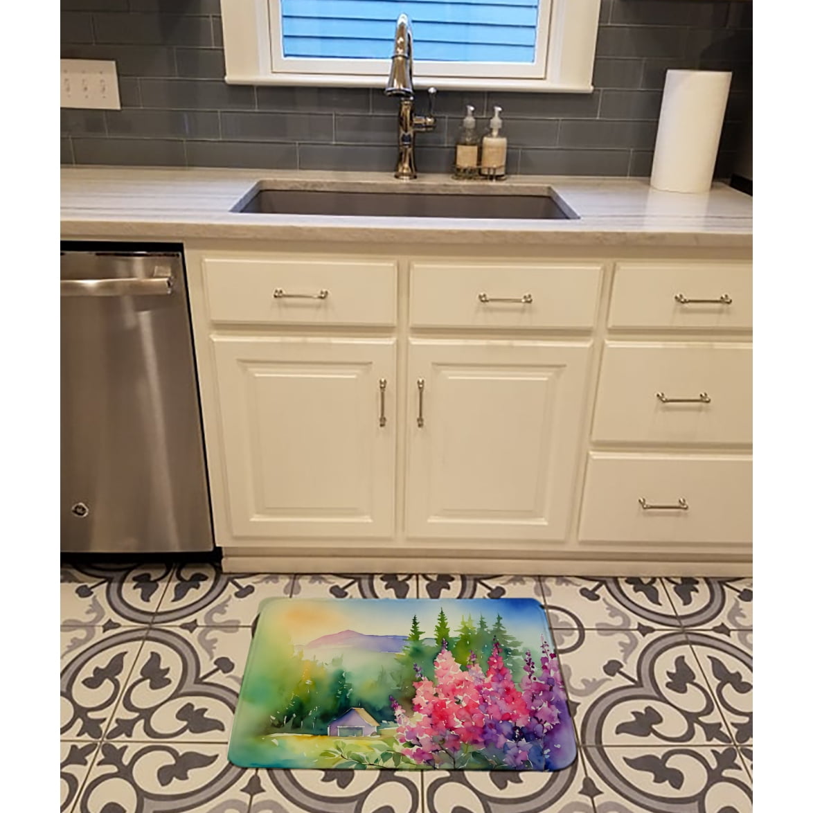 Idaho Syringa in Watercolor Memory Foam Kitchen Mat 27 in x 19 in