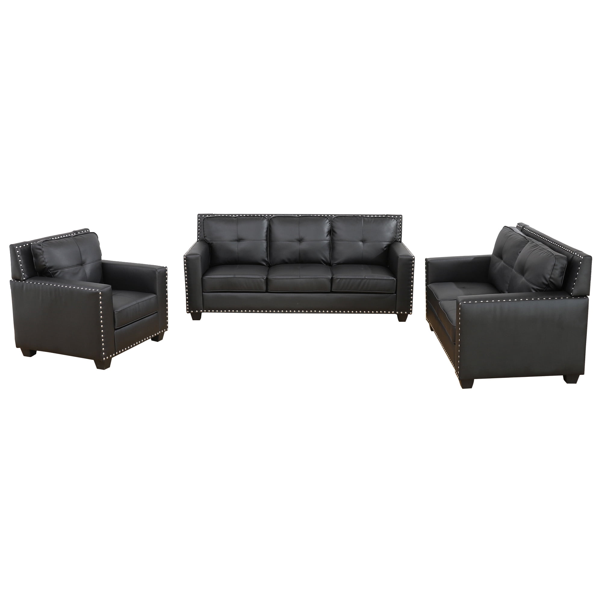 Aukfa 3-Piece Module Sofa Set for Living Room, 3-Seater Deep Seat Couch, Loveseat, Armchair, Leather, Black