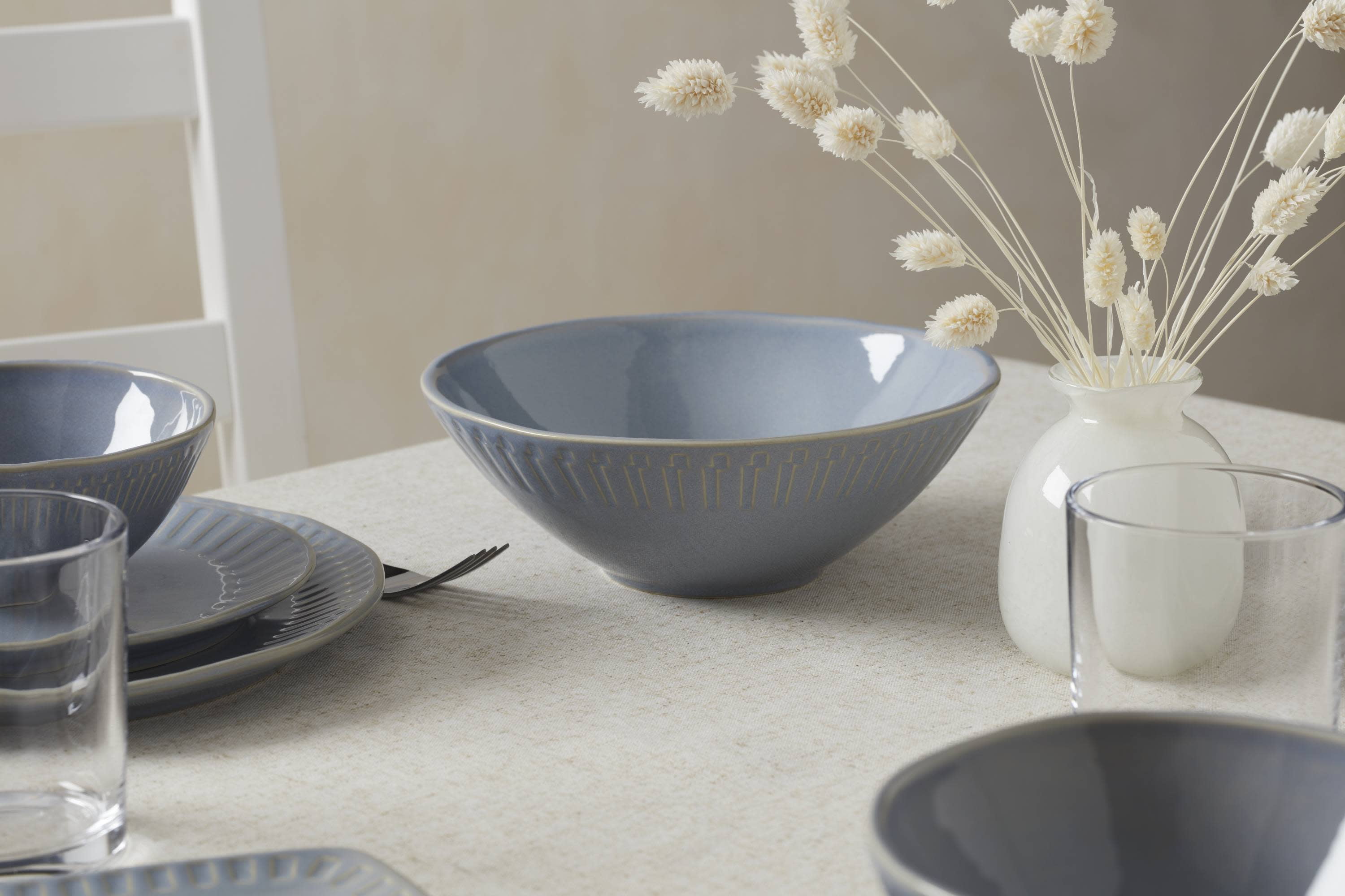 Oneida Entertain 365 48 oz Artisanal Stripe Blue Stoneware Serving Bowl