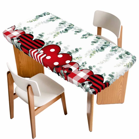 Valentine's Day Table Cloths for 6 Foot Rectangle Tables, Love Heart Eucalyptus Leaves Summer Botanical Patio Waterproof Elastic Fitted Tablecloths, Washable Rectangular Table Cover for Camping