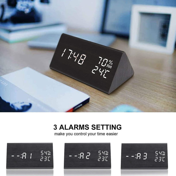 Despertador digital, brillo ajustable, control de voz, despertador de escritorio de madera, pantalla grande, temperatura de tiempo, batería recargable, baño digital LED esquí esquí Gafas de esquí