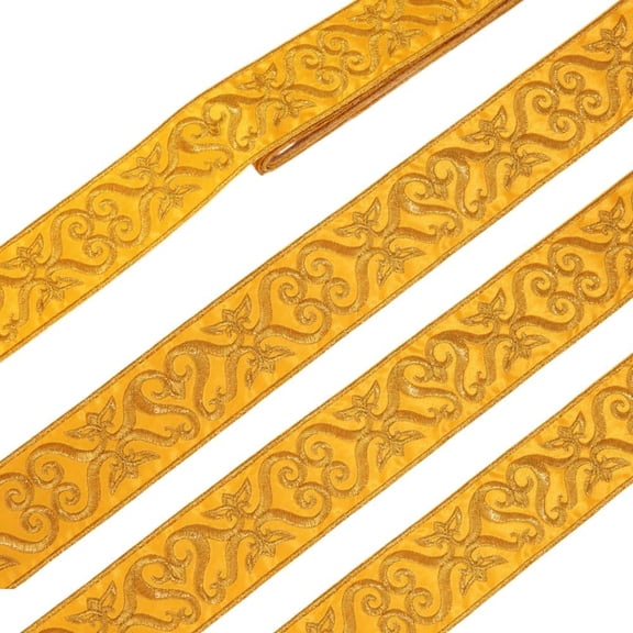 4.92 Yards Floral Trim Jacquard Ribbon 1-7/8 Inch Gold Hot Adhesive Floral Trim Iron on Sew on Embroidery Woven Ribbon for Sewing Clothing Home Decor Wedding Bag Straps