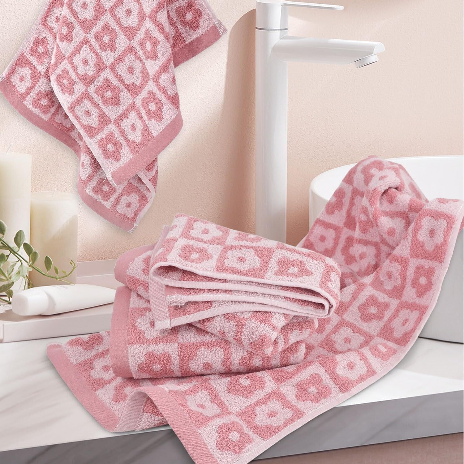 Cotton Hand Towels Pink Checkered Floral - Quick Drying Hand Towel Set of 4, for Women Girls Wife Mom Daughters, 29" x 13"