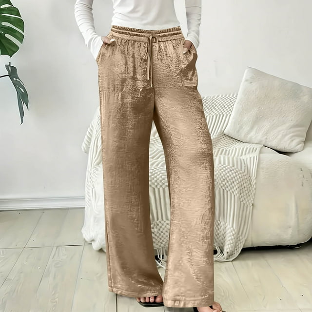 TaTaai Womens Casual Pants All Season Solid Color High Waist Elastic Waist with Pockets Bright Color Straight Leg Trousers Comfy Soft Daily Office Home Vacation Wear Gift