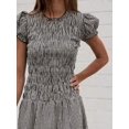 thumbnail image 4 of Black Gingham Smocked Round Neck Short Sleeve Midi Dress For Casual Street Wear, 4 of 6