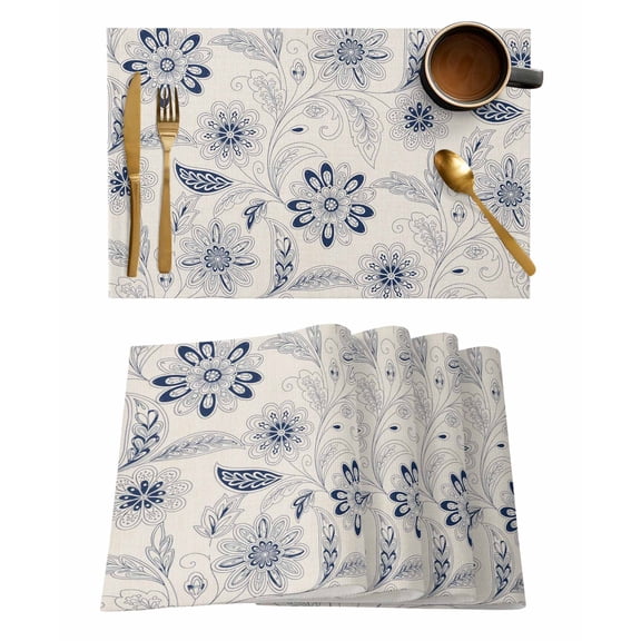 Abstract Ethnic Flower Placemats Set of 8 Vintage Blue Pattern Heat Insulation Washable Place Mats, Rustic Non-Slip Table Mats for Dining Table Party Kitchen Decor,13x19 Inch