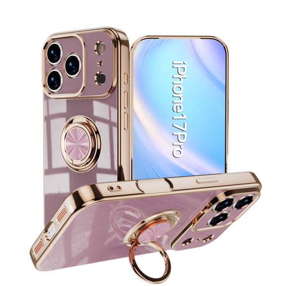 For iPhone 17 Pro Case 2025, Allytechgroup Ring Holder Stand Case Plating Edge 360 Rotation Kickstand Slim Soft Flexible TPU Protective Cover for iPhone 17 Pro 6.3", Lightpurple