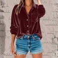 thumbnail image 2 of BiZtdJrK Women Velvet Blouse Roll Up Long Sleeve V Neck Collared Button Down Shirts Elegant Dressy Casual Work Tops with Chest Pocket Wine S, 2 of 9