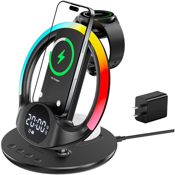7 en 1 Estación de Carga Inalámbrica con Reloj y Luz Nocturna,Cargador para iPhone 17/16/15/14/13/12,Samsung Galaxy S25/S24/S23,Compatible con Apple Watch Serie 2-9/Samsung Watch/AirPods y Galaxy