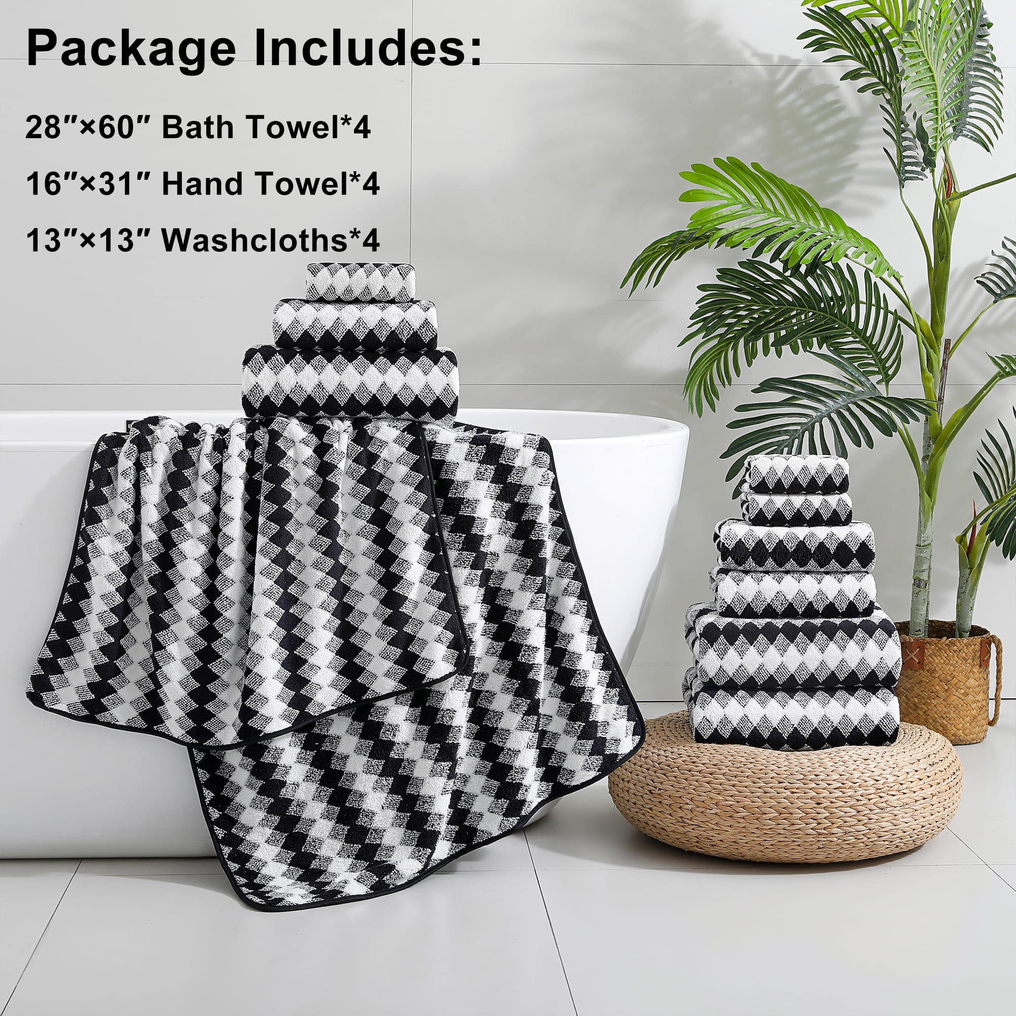 Jessy Home 12 Piece Black White Towel Set Soft Bath Towel for Bathroom-4 Bath Towels, 4 Hand Towels, 4 Washcloths Highly Absorbent Bath Sheet for Hotel & Spa