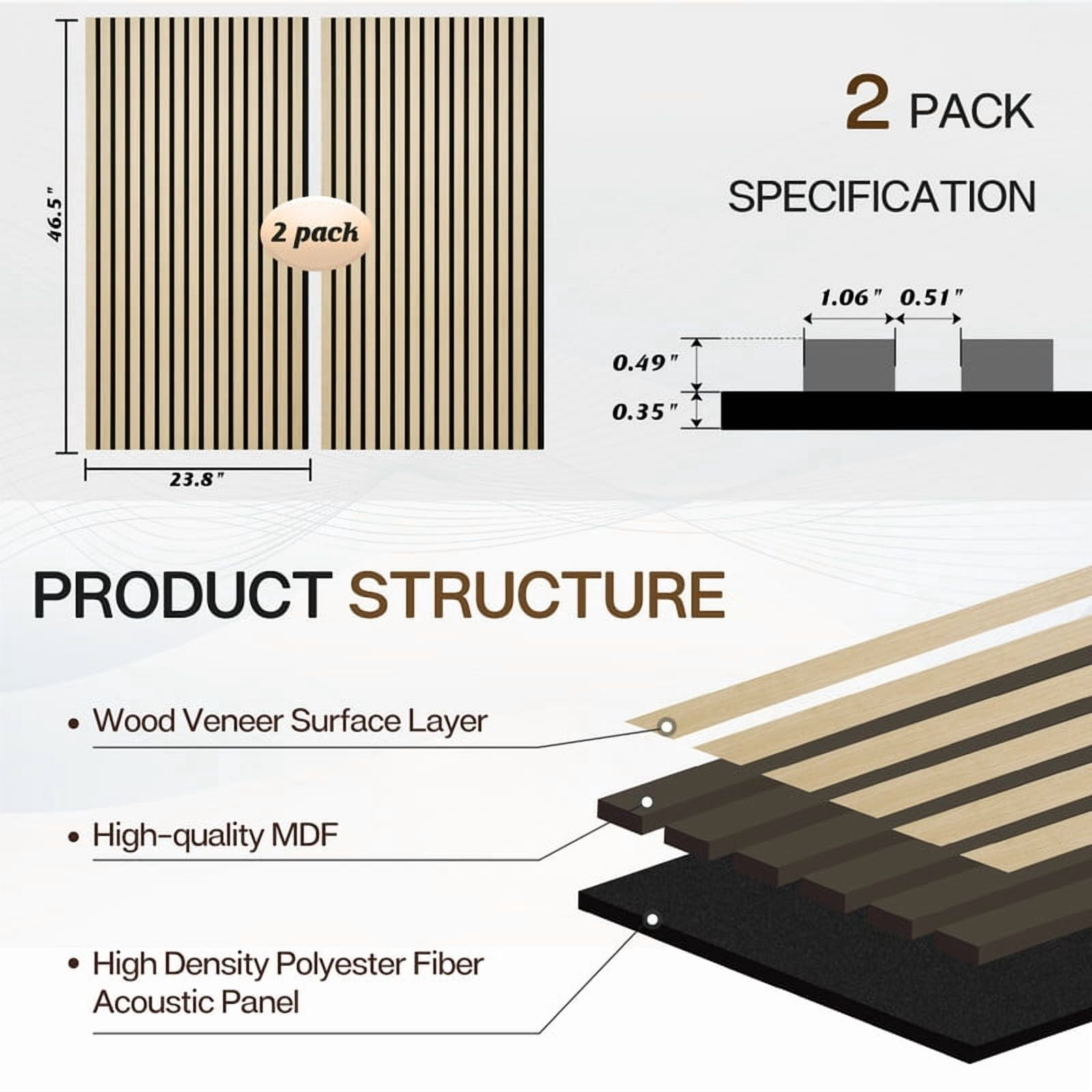 2 Pcs Acoustic Slat Wood Wall Panel, 46.45" x 23.81" Wood Slat Soundproof Wall Panel Interior Acoustic Decorative Wood Panels, Wall Decoration Interior Wall Decor for Noise Reduction, Ash Wood