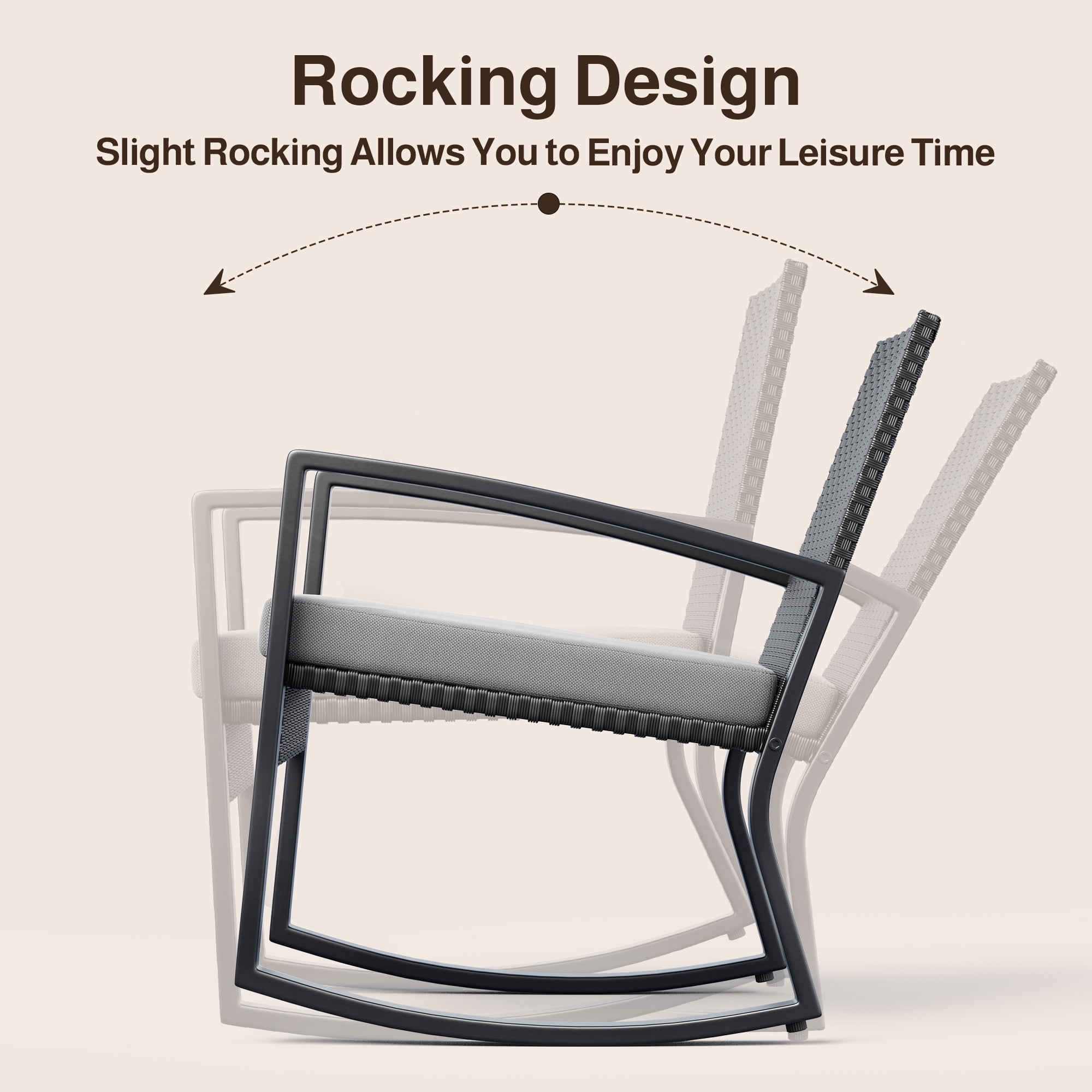Lofka Outdoor Patio Furniture Set with Rocking Chairs and Tempered Glass Table for Balcony, Garden & Bistro in Gray, Rattan & Metal